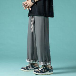 Plaid Panel Cropped Loose Fit Pants