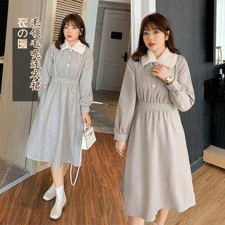 Long-sleeve Fleece-collar Midi Dress