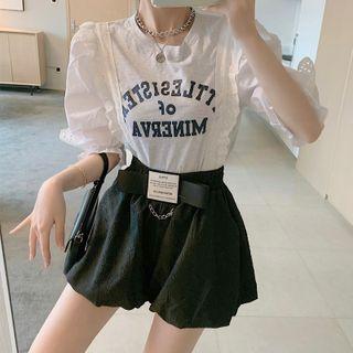Puff-sleeve Paneled Lettering Blouse / Lace Jumper Shorts