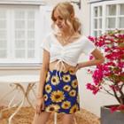 Set: Plain Ruched Cropped Top + Floral High Waist Mini Skirt