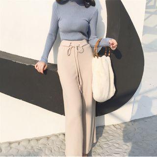Set: Long Sleeve Mock Neck Top + Drawstring Wide-leg Pants