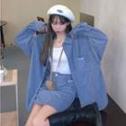 Set: Corduroy Shirt Jacket + Mini A-line Skirt Set Of 2 - Jacket & Skirt - Blue - One Size