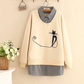 Mock Two-piece Cat Embroidered Pullover