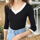 3/4-sleeve Color Block Knit Top
