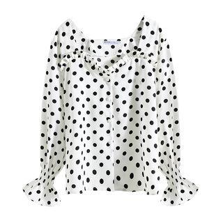 Long-sleeve Polka Dot Frill Trim Buttoned Top