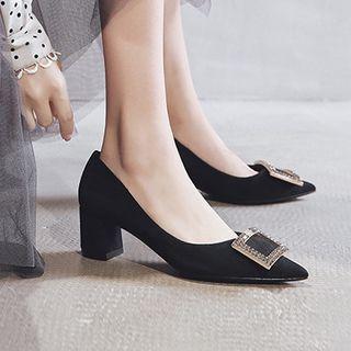 Pointy Rhinestone Buckled Chunky Heel Pumps
