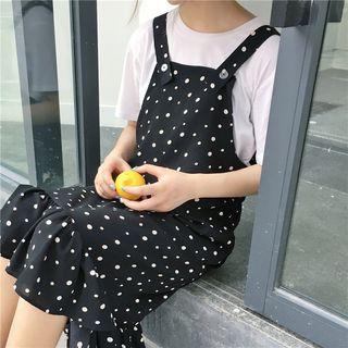 Set: Plain Short Sleeve T-shirt + Dotted Midi Pinafore Dress