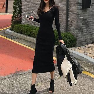 Deep V-neck Ribbed Midi Knit Sheath Dress