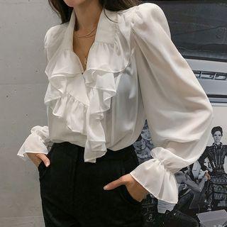 Double-button Ruffled Chiffon Blouse