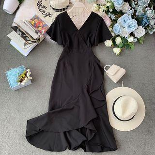 Ruffle-hem Dip-back V-neck Dress