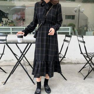 Long-sleeve Tie-neck Midi Plaid Dress