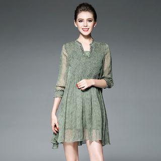 3/4-sleeve Rhinestone Accent Mini Dress