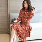 Long-sleeve Patterned Tiered Dress