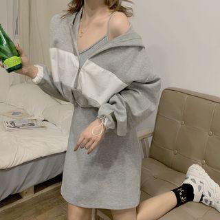 Set: Color-panel Hoodie + Spaghetti Strap Mini A-line Dress