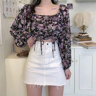 Floral Long-sleeve Drawstring Chiffon Blouse