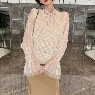 V-neck Knit Vest / Ribbon-neckline Sheer Blouse