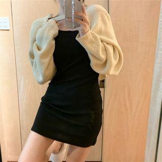 Plain Slim-fit Tank Dress / Long-sleeve Knit Shawl