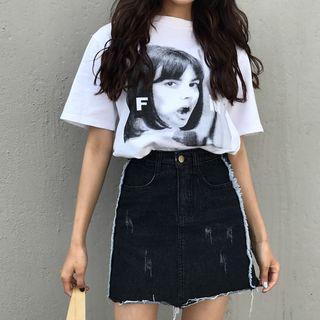 Fray Trim A-line Denim Skirt