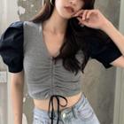 Short-sleeve Two Tone Drawstring Crop Top Gray - One Size