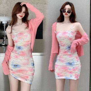 Spaghetti Strap Printed Mini Sheath Dress / Cardigan