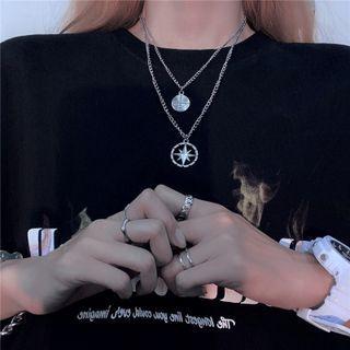 Disc & Star Pendant Double Layered Chain Necklace Sliver - One Size