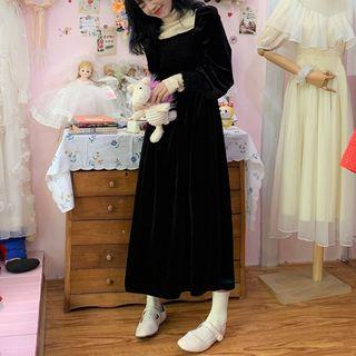 Mock-turtleneck Long-sleeve Top / Balloon-sleeve Velvet Midi A-line Dress
