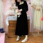 Mock-turtleneck Long-sleeve Top / Balloon-sleeve Velvet Midi A-line Dress
