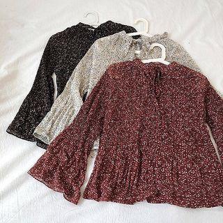 Floral Lace-up Long-sleeve Blouse