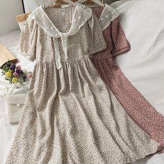 Puff-sleeve Floral Midi Dress With Shawl