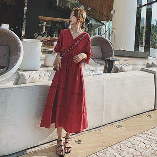 Elbow-sleeve Lace Trim Tasseled A-line Midi Dress
