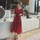 Elbow-sleeve Lace Trim Tasseled A-line Midi Dress
