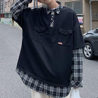 Mock Two-piece Plaid Long-sleeve T-shirt
