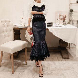 Long-sleeve Top / Sleeveless Paneled Striped Top / Paneled Striped Skirt