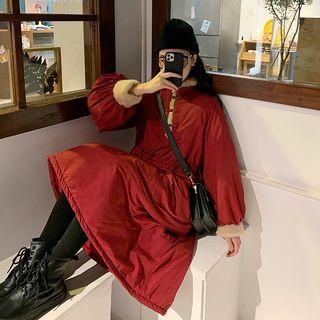 Long-sleeve Shearling Panel Plain Tie-waist Dress Red - One Size