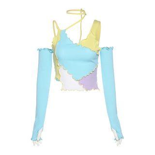 Long-sleeve Cold-sleeve Color Block Crop Top