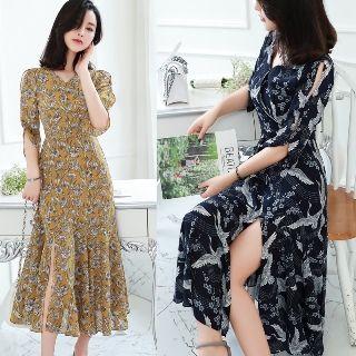Elbow-sleeve Slit-hem Printed Dress