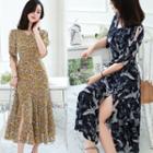 Elbow-sleeve Slit-hem Printed Dress