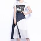 Set: Short-sleeve Print T-shirt + Accordion Pleat Midi A-line Skirt