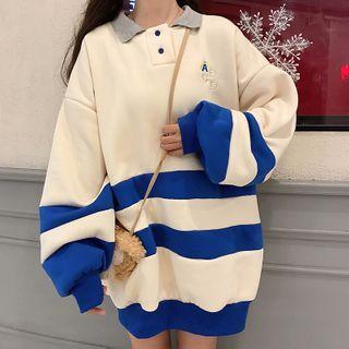 Color Block Loose-fit Long Sleeve Polo Shirt