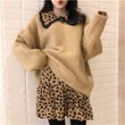 Set: Ruffled Hem Leopard Print Shirtdress + Oversized Long Sleeve Sweater Leopard Dress + Khaki Sweater - One Size