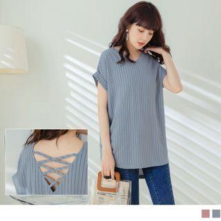 Cross Stripe Back Short-sleeve Striped Top