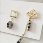 Non-matching Geometric Stone Dangle Earring 1 Pair - 925 Silver Stud - Black & Beige - One Size