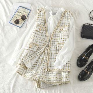 Check Vest / Check Shorts / Bow-accent Long-sleeve Blouse