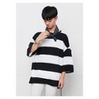 Round-neck 3/4-sleeve Loose-fit Rugby-stripe T-shirt