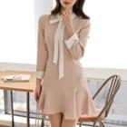 Long-sleeve Tie-neck Mini Mermaid Sheath Dress