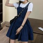 Short-sleeve Button-up T-shirt / Lettering Strap Denim Mini A-line Overall Dress