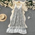 Sleeveless Floral Lace Panel Midi A-line Dress Black Floral - White - One Size