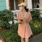 V-neck Asymmetrical Short-sleeve Dress Pink - One Size
