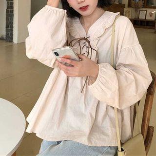 Long-sleeve Ruffle Trim Lace-up Blouse