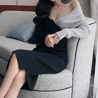 Long-sleeve Two Tone Midi Knit Sheath Dress As Shown In Figure - One Size